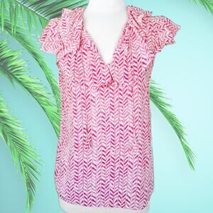 TOMMY BAHAMA Pink Printed Silk Ruffle Top SIze Small Flutter Sleeve